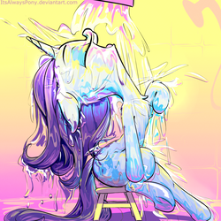 Size: 3000x3000 | Tagged: safe, artist:itsalwayspony, rarity, pony, unicorn, g4, eyes closed, female, high res, mare, open mouth, parody, shower, showering, sitting, smiling, solo, water, wet, wet mane