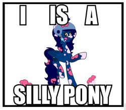 Size: 960x837 | Tagged: safe, artist:calibykitty, editor:icicle-niceicle-1517, oc, oc only, oc:midnight, alicorn, pony, alicorn oc, cake, candle, derp, female, food, helmet, image macro, mare, meme, messy, silly, silly pony, simple background, solo, text, white background