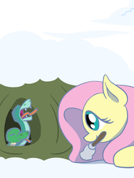 Size: 1350x1800 | Tagged: safe, artist:flutterluv, fluttershy, rupert, pegasus, pony, snake, g4, winter wrap up, bell, burrow, female, mare, mouth hold, snow