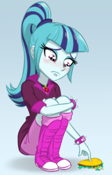 Size: 670x1040 | Tagged: safe, artist:ta-na, sonata dusk, equestria girls, g4, crying, cute, dropped food, female, food, gem, gradient background, ponytail, sad, siren gem, solo, sonatabetes, sonataco, spiked wristband, squatting, taco, that girl sure loves tacos, that siren sure does love tacos, wristband