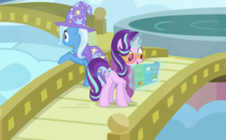 Size: 3957x2459 | Tagged: safe, artist:shutterflyeqd, starlight glimmer, trixie, pony, unicorn, g4, bridge, brochure, clothes, duo, female, glasses, hat, high res, i can't believe it's not hasbro studios, las pegasus, mare, smiling, trixie's hat