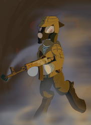 Size: 3096x4274 | Tagged: safe, artist:coreboot, oc, oc:commissar junior, ak-12, boots, gas mask, kapkan, mask, military, military uniform, rainbow six siege, shoes, smoke, soviet union, spetsnaz, telnyashka, weapon