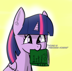 Size: 1198x1169 | Tagged: safe, artist:artiks, twilight sparkle, alicorn, pony, g4, book, descriptive noise, female, mare, nom, simple background, solo, that pony sure does love books, twilight sparkle (alicorn), yellow background