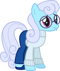 Size: 1000x1192 | Tagged: safe, artist:cloudy glow, linky, shoeshine, earth pony, pony, g4, clothes, clothes swap, cosplay, costume, disney, female, glasses, inside out, mare, pants, pixar, ponified, sad, sadness (inside out), simple background, solo, sweater, transparent background