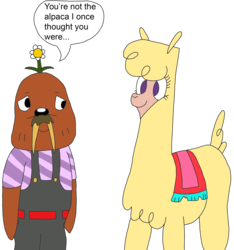 Size: 2088x2232 | Tagged: safe, artist:supahdonarudo, paprika (tfh), alpaca, walrus, them's fightin' herds, community related, dialogue, flower, high res, simple background, speech bubble, tomodachi life, transparent background, vinesauce