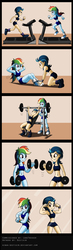 Size: 800x2722 | Tagged: safe, artist:niban-destikim, indigo zap, rainbow dash, equestria girls, g4, belly button, bench press, biceps, clothes, comic, commission, converse, exercise, flexing, indigo max, midriff, muscles, rainbuff dash, running, shoes, sit-ups, smiling, sports bra, sports shorts, treadmill, weight lifting, workout