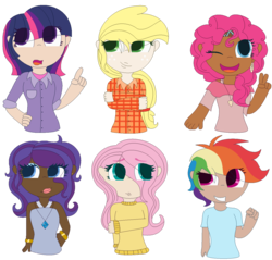 Size: 1363x1305 | Tagged: safe, artist:joystick12, applejack, fluttershy, pinkie pie, rainbow dash, rarity, twilight sparkle, human, g4, alternate hairstyle, clothes, dark skin, diversity, ear piercing, earring, female, flannel, headcanon, humanized, jewelry, mane six, necklace, one eye closed, peace sign, piercing, simple background, sweater, sweatershy, transparent background, wink