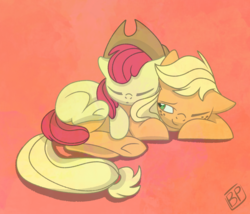 Size: 3500x3000 | Tagged: safe, artist:glitterstar2000, apple bloom, applejack, earth pony, pony, g4, accessory swap, adorabloom, apple sisters, cowboy hat, cute, eyes closed, female, filly, hat, high res, jackabetes, mare, one eye closed, pony pillow, prone, siblings, sisters, sleeping, smiling, stetson