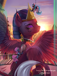 Size: 1080x1440 | Tagged: safe, artist:discordthege, aloe, lotus blossom, the sphinx, earth pony, pony, sphinx, g4, :p, behaving like a cat, brushing, comb, crown, female, kitty sphinx, ladder, looking at you, looking back, looking back at you, macro, mare, one eye closed, regalia, silly, size difference, smiling, tongue out, wings, wink