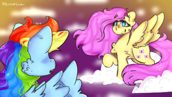 Size: 1024x576 | Tagged: safe, artist:yunieelloa, fluttershy, rainbow dash, pegasus, pony, g4, chest fluff, cloud, female, lesbian, mare, raised hoof, ship:flutterdash, shipping, smiling, spread wings, wings