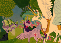 Size: 1360x957 | Tagged: safe, artist:thiscrispykat, princess celestia, spike, twilight sparkle, alicorn, pony, g4, cloven hooves, cutie mark, grass, horn, horse collar, sparkles, spread wings, style emulation, tail feathers, the last unicorn, tree, twilight sparkle (alicorn), winged spike, wings