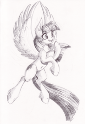 Size: 1674x2424 | Tagged: safe, artist:faline-art, twilight sparkle, alicorn, pony, belly button, book, female, flying, horn, mare, monochrome, pencil drawing, simple background, solo, traditional art, twilight sparkle (alicorn), unshorn fetlocks, white background, wings