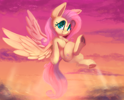 Size: 2000x1621 | Tagged: safe, artist:discorded, fluttershy, pegasus, pony, g4, big ears, cute, female, flying, looking at you, mare, scenery, sky, smiling, solo, spread wings, three quarter view, underhoof, wings