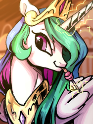 Size: 2448x3264 | Tagged: safe, artist:rocy canvas, princess celestia, alicorn, pony, g4, bust, candy, female, food, glowing horn, high res, horn, levitation, licking, lollipop, looking at you, magic, magic aura, mare, pixiv, portrait, solo, telekinesis, tongue out