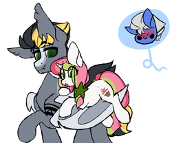 Size: 3000x2500 | Tagged: safe, artist:php172, oc, oc:choku-dori, oc:scrib, oc:stargazer lily, bat pony, pegasus, pony, unicorn, chibi, ear fluff, fangs, female, furious, grumpy, hair tie, high res, holding a pony, holding on, jealous, looking down, male, mare, pigtails, pouting, scared, size difference, smiling, stallion, tattoo, worried