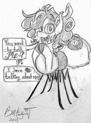 Size: 1918x2591 | Tagged: safe, artist:binkyt11, oc, oc only, oc:izzy bitsy, monster pony, original species, spiderpony, ear fluff, eyeshadow, fangs, female, grayscale, looking at you, makeup, monochrome, multiple eyes, narcissism, pencil drawing, simple background, solo, speech bubble, talking to viewer, traditional art, white background