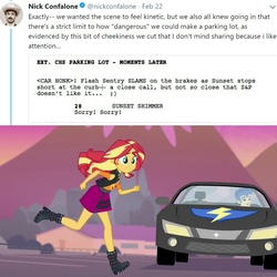 Size: 2048x2048 | Tagged: safe, screencap, flash sentry, sunset shimmer, equestria girls, equestria girls series, forgotten friendship, g4, deleted scene, flash sentry's car, high res, meta, nick confalone, script, text, twitter
