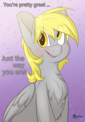 Size: 3500x5000 | Tagged: safe, artist:fluffyxai, derpy hooves, pegasus, pony, g4, blushing, chest fluff, cute, derpabetes, derpy day, derpy day 2018, female, fluffy, looking at you, mare, motivational, movie accurate, positive ponies, sitting, smiling, wings, wings tucked in