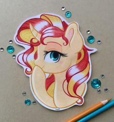 Size: 2917x3100 | Tagged: safe, artist:emberslament, sunset shimmer, pony, unicorn, equestria girls, equestria girls series, forgotten friendship, g4, blushing, boop, colored pencil drawing, colored pencils, craft, curved horn, cute, cutout, female, high res, horn, mare, noseboop, scene interpretation, self-boop, shimmerbetes, simple background, solo, traditional art