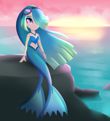 Size: 1000x1100 | Tagged: dead source, safe, artist:wubcakeva, oc, oc only, oc:rain, mermaid, equestria girls, g4, belly button, equestria girls-ified, female, goggles, lineless, mermaidized, midriff, ocean, rock, smiling, solo, species swap, sunset, two tails