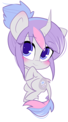 Size: 400x714 | Tagged: safe, artist:riouku, oc, oc only, oc:aster hikari, pony, unicorn, blushing, chibi, female, gray coat, mare, purple eyes, purple mane, simple background, smiling, solo, transparent background
