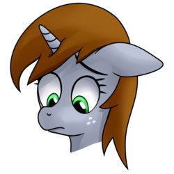 Size: 830x830 | Tagged: safe, artist:wellfugzee, derpibooru exclusive, oc, oc only, oc:littlepip, pony, unicorn, fallout equestria, bust, fanfic, fanfic art, female, freckles, horn, mare, portrait, sad, simple background, solo, transparent background