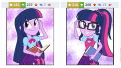 Size: 930x524 | Tagged: safe, artist:lunchie, artist:namyg, sci-twi, twilight sparkle, derpibooru, equestria girls, g4, blouse, bowtie, clothes, cutie mark on clothes, glasses, hair, juxtaposition, looking at you, meta, nerd, open book, ponytail, skirt, smiling, vest