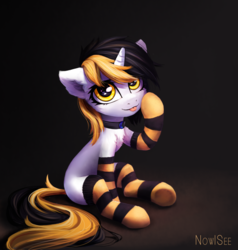 Size: 2382x2500 | Tagged: safe, artist:inowiseei, oc, oc only, oc:akali, pony, unicorn, :p, blank flank, clothes, commission, female, high res, looking at you, mare, multicolored hair, multicolored mane, multicolored tail, silly, simple background, sitting, socks, solo, striped socks, tongue out