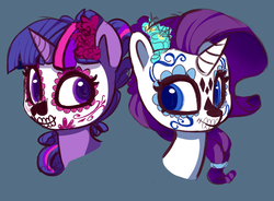 Size: 3100x2280 | Tagged: safe, artist:lilfunkman, rarity, twilight sparkle, pony, unicorn, g4, blue background, bust, cute, dia de los muertos, duo, face paint, female, flower, flower in hair, high res, lesbian, mare, scrunchie, ship:rarilight, shipping, simple background, smiling, teal background