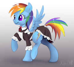 Size: 2311x2087 | Tagged: safe, artist:xbi, rainbow dash, pegasus, pony, adorasexy, clothes, cute, dashabetes, female, gradient background, gray background, maid, rainbow maid, raised hoof, raised leg, sexy, simple background, solo, spread wings, walking, wings