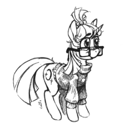 Size: 800x823 | Tagged: safe, artist:skrapbox, moondancer, pony, unicorn, g4, black and white, clothes, cute, female, glasses, grayscale, monochrome, simple background, smiling, solo, standing, sweater, white background