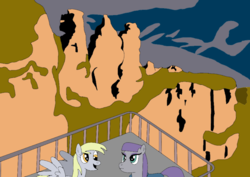 Size: 946x668 | Tagged: safe, artist:didgereethebrony, derpy hooves, maud pie, g4, blue mountains, katoomba, lookout, mlp in australia, three sisters