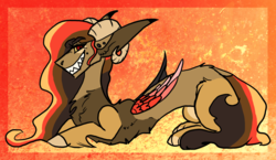 Size: 2232x1296 | Tagged: safe, artist:thebigearredbat, oc, oc only, oc:ares, draconequus, abstract background, draconequus oc, grin, interspecies offspring, long ears, magical gay spawn, male, offspring, parent:cheese sandwich, parent:discord, parents:cheesecord, sharp teeth, smiling, solo, teeth, unshorn fetlocks