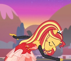 Size: 1251x1080 | Tagged: safe, screencap, sunset shimmer, equestria girls, equestria girls series, forgotten friendship, g4, clothes, dress, headband, jewelry, mountain, ponied up, sky, spikes, tiara