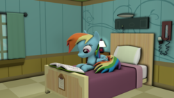 Size: 1920x1080 | Tagged: safe, artist:dracagon, rainbow dash, pony, g4, 3d, bed, book, female, hospital bed, lamp, mare, phone, pillow, prone, reading, reading rainboom, solo