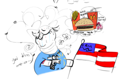 Size: 1966x1242 | Tagged: safe, artist:hattsy, pinkie pie, earth pony, pony, g4, american flag, brony stereotype, burger, clothes, dialogue, fat, female, food, french fries, gun, hamburger, handgun, hoof hold, mare, mcdonald's, morbidly obese, murica, neck roll, obese, pimple, pistol, pony toy, racism, scope, shirt, simple background, solo, stereotype, sweat, tattoo, thought bubble, toy, walmart, white background