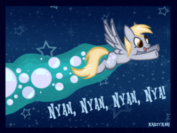 Size: 1280x960 | Tagged: safe, artist:krazykari, derpy hooves, pegasus, pony, g4, female, flying, nyan cat, solo