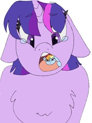 Size: 1536x2048 | Tagged: safe, artist:smallhorses, rainbow dash, twilight sparkle, pony, g4, chest fluff, crying, female, fetish, floppy ears, lesbian, micro, preydash, ship:twidash, shipping, twipred, vore