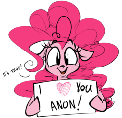 Size: 1065x1035 | Tagged: safe, artist:hattsy, pinkie pie, earth pony, pony, g4, breaking the fourth wall, bronybait, bust, dialogue, female, floppy ears, heart, hoof hold, i love you, implied anon, looking at you, sign, simple background, smiling, solo, white background