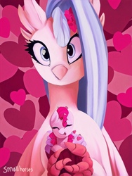 Size: 960x1280 | Tagged: safe, artist:smallhorses, pinkie pie, princess skystar, classical hippogriff, earth pony, hippogriff, pony, g4, my little pony: the movie, cupcake, cute, diapinkes, female, food, heart, mare, micro, ponies in food, skyabetes, tiny ponies