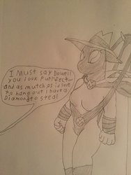 Size: 774x1032 | Tagged: safe, artist:crb145, mare do well, anthro, g4, breasts, female, gray background, grayscale, hat, monochrome, offscreen character, pencil drawing, simple background, solo, speech bubble, traditional art, wedgie