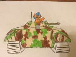 Size: 3264x2448 | Tagged: safe, artist:razhunter, oc, oc only, oc:hunter, pony, camouflage, high res, male, raised hoof, simple background, solo, tank (vehicle), traditional art, white background, world war ii
