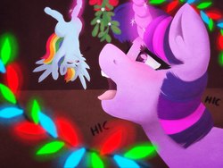 Size: 2048x1536 | Tagged: safe, artist:smallhorses, rainbow dash, twilight sparkle, pegasus, pony, g4, blushing, christmas, christmas lights, drunk, drunk twilight, drunker dash, eyes closed, female, fetish, glowing horn, hiccup, holiday, horn, imminent vore, lesbian, magic, micro, mistletoe, onomatopoeia, open mouth, preydash, ship:twidash, shipping, spread wings, telekinesis, tongue out, twipred, wings