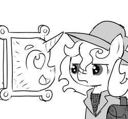 Size: 640x600 | Tagged: safe, artist:ficficponyfic, oc, oc only, oc:face on the wall, oc:lockepicke, cyoa:the wizard of logic tower, bag, bald, bolt, clothes, coat, cyoa, frame, happy, hat, mirror, monochrome, not happy, story in the source, story included, sweater