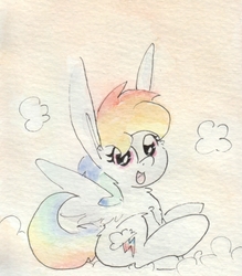 Size: 688x787 | Tagged: safe, artist:slightlyshade, rainbow dash, pegasus, pony, g4, big ears, chest fluff, cloud, cute, cutie mark, female, hooves, looking at you, mare, on a cloud, open mouth, sitting, sitting on a cloud, solo, spread wings, traditional art, watercolor painting, wings