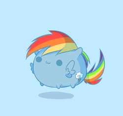 Size: 706x669 | Tagged: safe, artist:deicookie, rainbow dash, g4, :3, beady eyes, blob ponies, blue background, chibi, chubbie, female, floating, simple background, solo