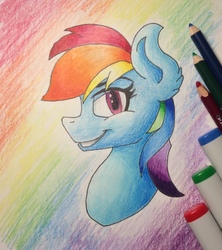 Size: 1135x1280 | Tagged: safe, artist:whiten74, rainbow dash, pegasus, pony, g4, bust, colored pencil drawing, female, mare, pencil, portrait, rainbow background, simple background, smiling, solo, traditional art