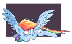 Size: 1192x741 | Tagged: safe, artist:drawbauchery, rainbow dash, pegasus, pony, g4, abstract background, cute, dashabetes, female, looking away, looking sideways, mare, prone, simple background, smiling, solo, sparkles, spread wings, wings
