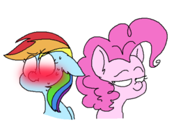 Size: 1280x932 | Tagged: safe, artist:drawbauchery, pinkie pie, rainbow dash, earth pony, pegasus, pony, g4, blushing, cute, female, floppy ears, lesbian, looking at each other, mare, ship:pinkiedash, shipping, simple background, white background