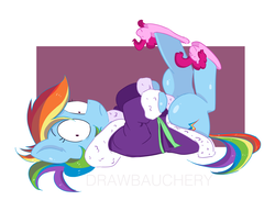 Size: 3132x2277 | Tagged: safe, artist:drawbauchery, rainbow dash, pegasus, pony, g4, abstract background, bathrobe, clothes, cute, dashabetes, female, high res, implied lesbian, implied pinkiedash, implied shipping, looking at you, looking sideways, mare, on back, pinkie slippers, robe, shrunken pupils, simple background, slippers, solo, surprised